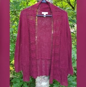 Dressbarn Sweater Cardigan with Crochet Detail in Berry Maroon Color